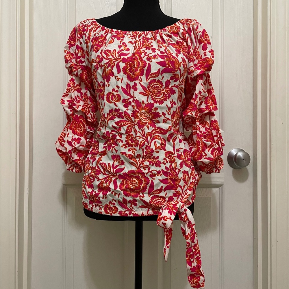 CeCe Off Shoulder Ruched Puff Sleeve Tie Front Top Floral Blouse Feminine Small